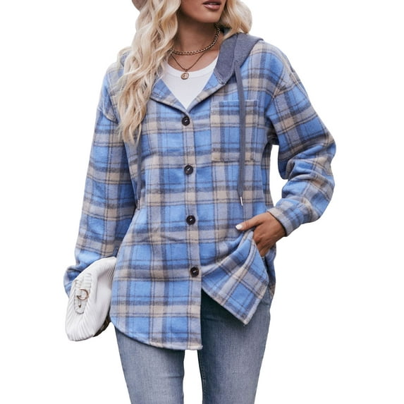 Liacowi Women Juniors Flannel Shirt Jacket Hood Outwear Lapel Long Sleeve Vintage Plaid Shacket Casual Tops for Teen