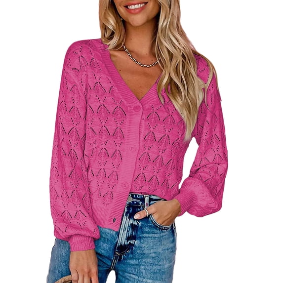 Liacowi Women Juniors Knit Cardigan Long Sleeve Hollowed Lightweight Knitwear Fall Casual Button Crop Tops Outwear