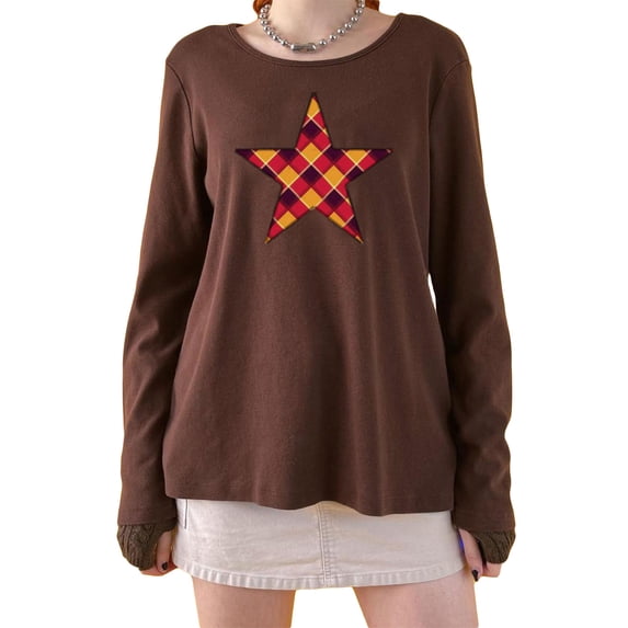 Liacowi Women Juniors Long Sleeve T-shirt Plaid Star Print Tees Casual Tops Loose Fit