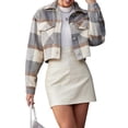 thumbnail image 1 of Liacowi Women Juniors Loose Cropped Jacket Plaid Turn-Down Collar Outwear Long Sleeve Vintage Shacket Casual Tops Coat, 1 of 7
