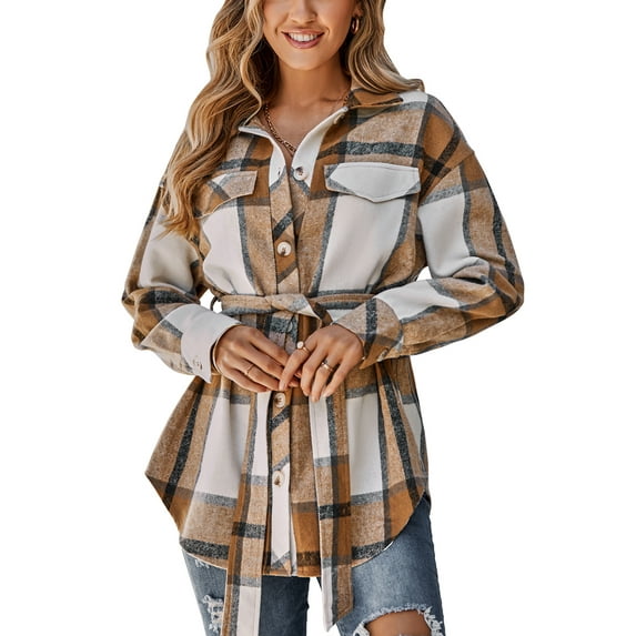 Liacowi Women Juniors Loose Jacket Plaid Print Outwear with Belt Lapel Long Sleeve Vintage Shacket Casual Tops Coat for Teen