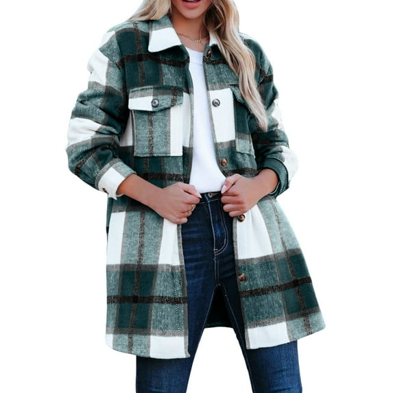 Liacowi Women Juniors Loose Shirt Jacket Plaid Outwear Lapel Long Sleeve Vintage Shacket Casual Tops Coat for Teen