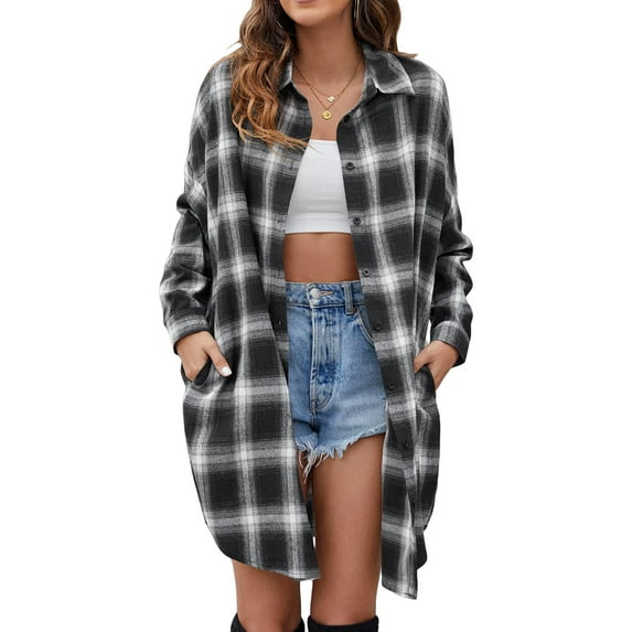 Liacowi Women Juniors Loose Shirt Jacket Plaid Outwear Lapel Long Sleeve Vintage Shacket Casual Tops Coat for Teen