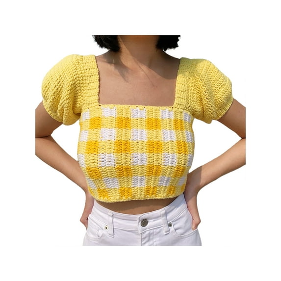 Liacowi Women Juniors Puff Sleeve Crochet Knit Crop Top Square Neck Halter Criss Cross Cropped Tee Slim Fit Color Block Tie Up Top