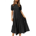 thumbnail image 1 of Liacowi Women Juniors Ruffle Smocked Long Dress Loose High Waist Tiered Short Sleeve Ruched Flowy Swing A Line Sundress for Teen, 1 of 6