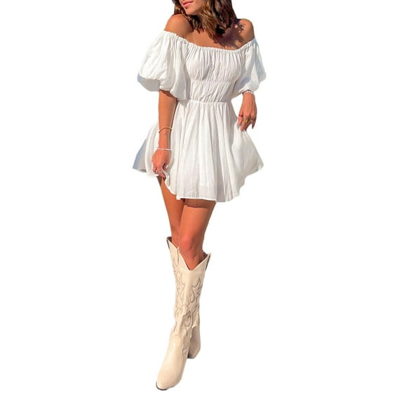 Liacowi Women Juniors Smocked Waist Dress Off-Shoulder Bubble Sleeve Ruffle Mini Dress A-Line Short Dress