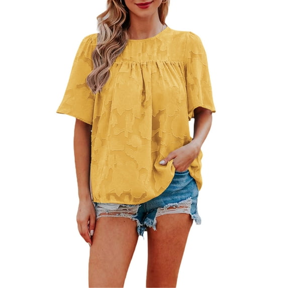 Liacowi Women Juniors Summer Chiffon Shirts Round Neck Loose Shirts Fashion Lace Cutout Shirts