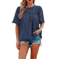 thumbnail image 1 of Liacowi Women Juniors Summer Chiffon Shirts Round Neck Loose Shirts Fashion Lace Cutout Shirts, 1 of 4
