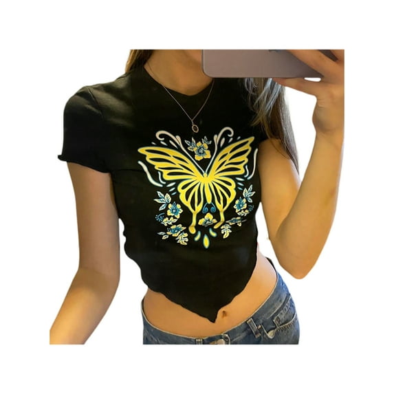 Liacowi Women Juniors Summer Short Sleeve Crop Tops Butterfly Print Round Neck Inverted Triangular Hem T-shirt