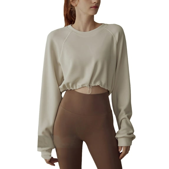 Liacowi Women Juniors Workout Crop Tops Long Sleeve Drawstring Pullover Solid Color Sweatshirts Running Shirts