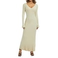 thumbnail image 1 of Liacowi Women Knit Bodycon Long Dress Long Sleeve V Neck Dress Streetwear Slim Fit Knit Sweater Dresses, 1 of 9