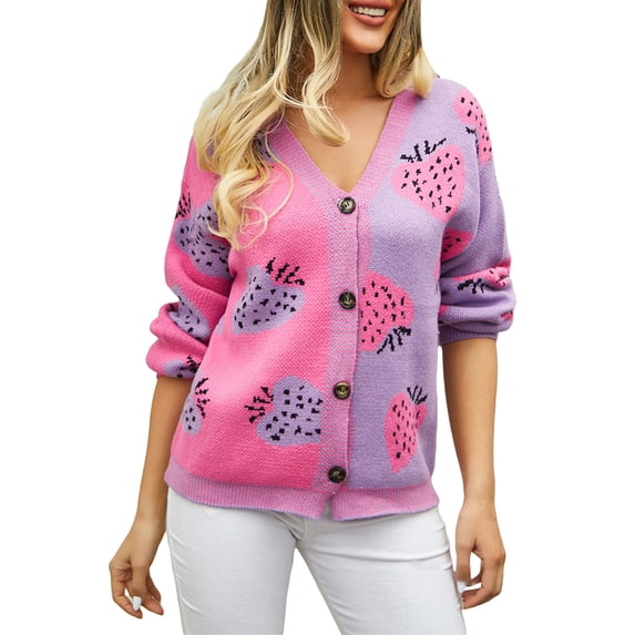 Liacowi Women Knit Cardigan Long Sleeve Sweater Strawberry Knitwear Fall Loose V-Neck Tops Casual Outwear for Teen