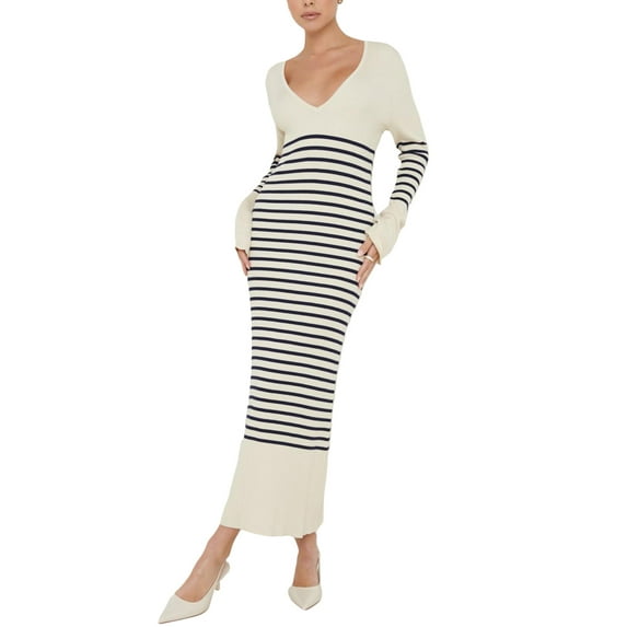 Liacowi Women Knit Dress Long Sleeve V Neck Striped Dress Slim Fit Fall Long Dress Streetwear