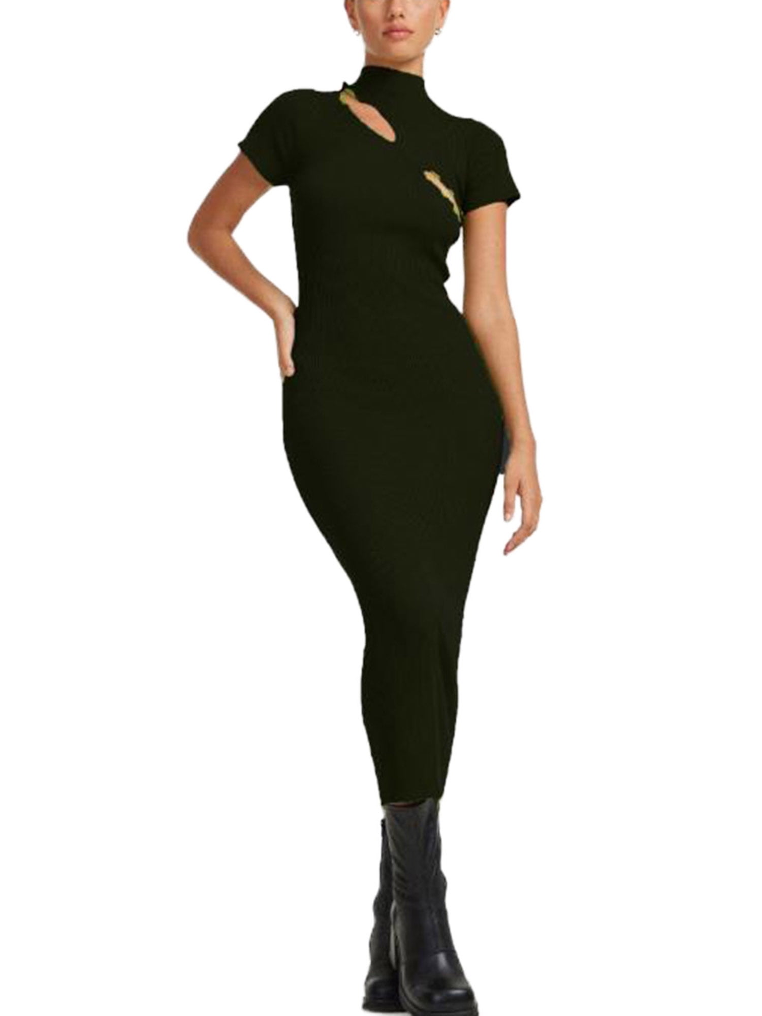 Liacowi Women Knit Long Dress Sexy Hollow Out Slim Fit Short Sleeve  Turtleneck Sweater Dress Casual Ribbed Bodycon Midi Dress - Walmart.com