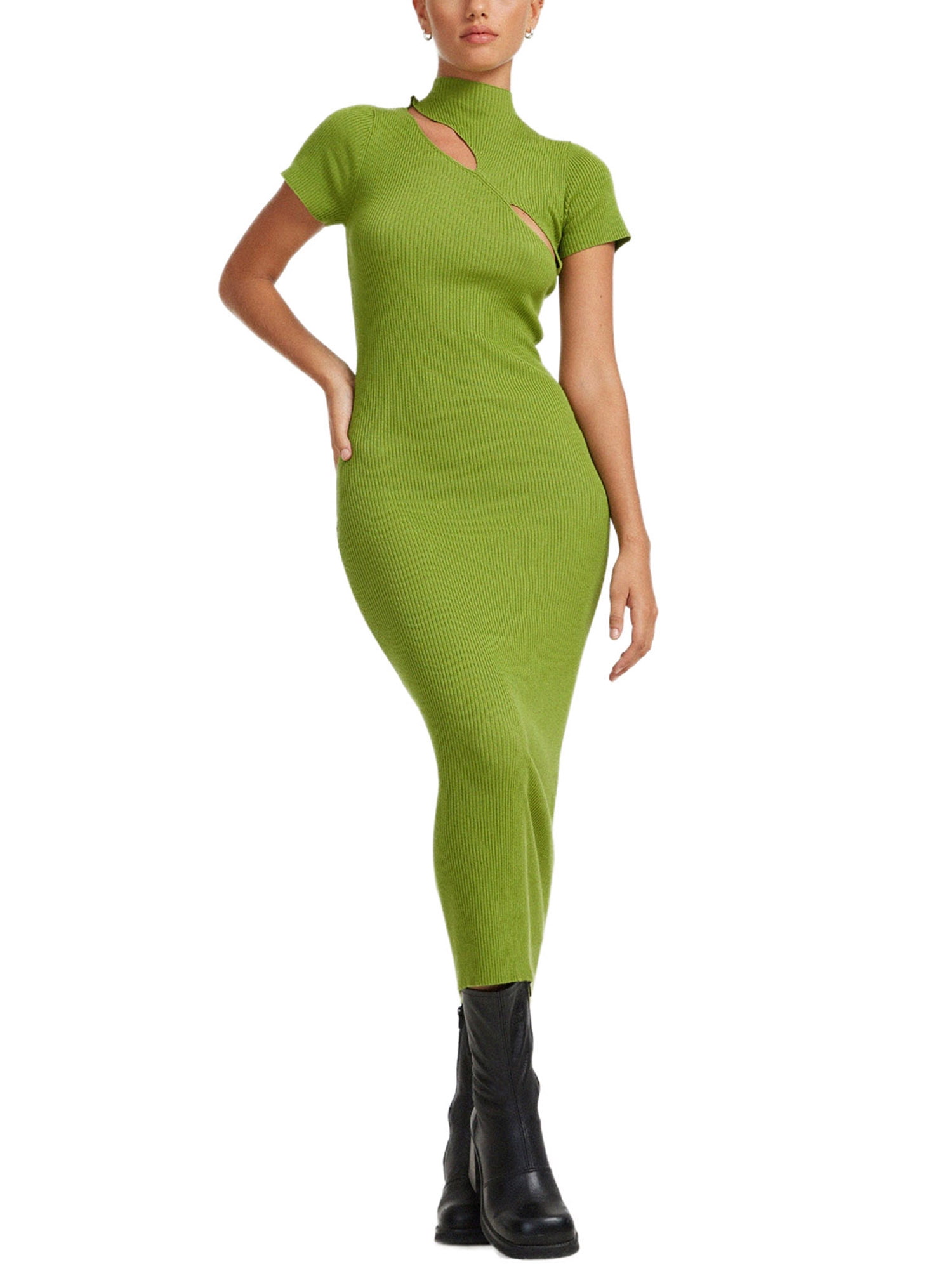 Liacowi Women Knit Long Dress Sexy Hollow Out Slim Fit Short Sleeve  Turtleneck Sweater Dress Casual Ribbed Bodycon Midi Dress - Walmart.com