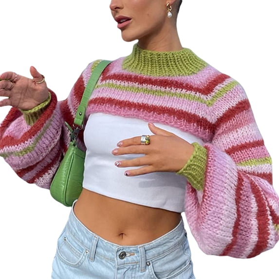 Liacowi Women Knit Long Sleeve Shrug Crop Top Cut Out Crochet Tops Striped Sweater Harajuku Vintage Streetwear