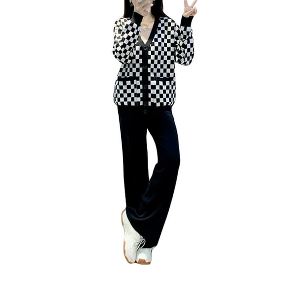 Liacowi Women Knit Pants Set Plaid Button Down V Neck Cardigan and Wide Leg Pants Outfits Winter 2 Piece Streetwear
