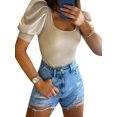 thumbnail image 1 of Liacowi Women Knitting Tops Short Puff Sleeve Deep Neck Solid Color Street Party Summer Wrapped Shirt, 1 of 9