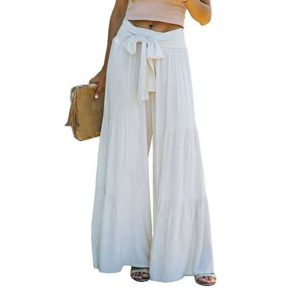 Liacowi Women Linen Palazzo Lounge Pants High Waist Wide Leg Pants Summer Boho Beach Hippie Pants