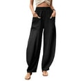 thumbnail image 1 of Liacowi Women Linen Pants Summer Casual Loose Elastic High Waist Wide Leg Palazzo Lounge Trousers Solid Color Capri Pants with Pocket, 1 of 6