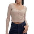 thumbnail image 1 of Liacowi Women Long Sleeve Crop Tops Solid Color Buttons Scoop Neck Casual T-Shirts Spring Fall Slim Fit Shirts Streetwear, 1 of 5
