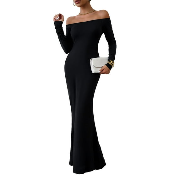 Liacowi Women Long Sleeve Fishtail Dress Casual Solid Color Off-Shoulder Party Dress for Beach Cocktail Club Streetwear
