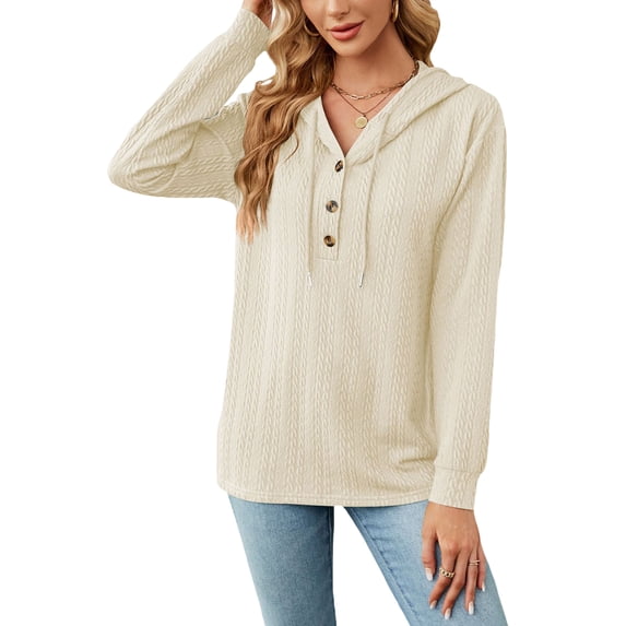 Liacowi Women Long Sleeve Hooded Sweatshirt Button Hoodies Casual Solid Color Autumn Loose Fit Pullover Tops