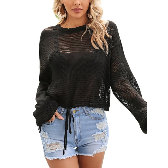 Liacowi Women Long Sleeve Knit T-shirt Solid Color Hollow Pullover Casual Tops