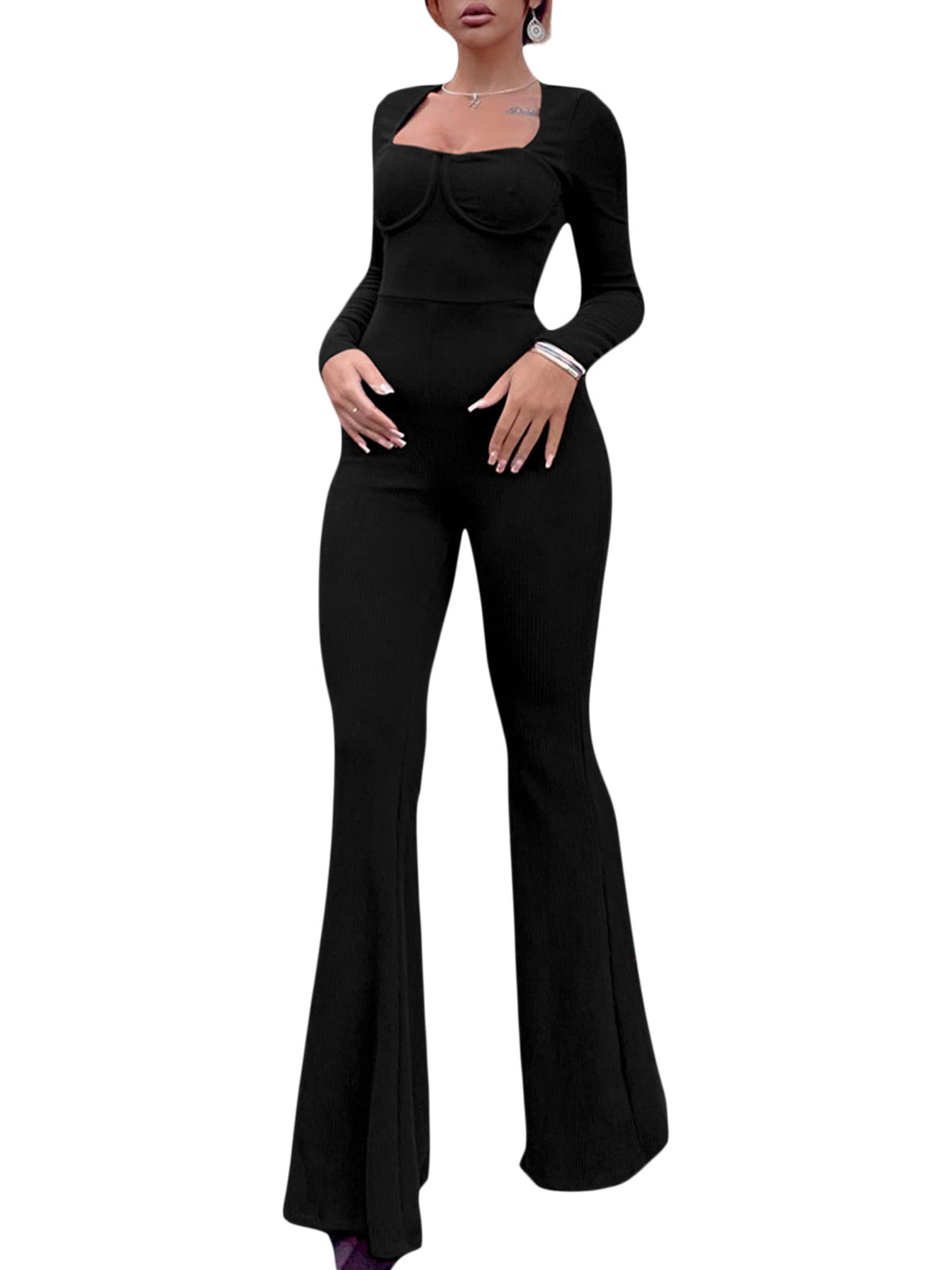 Liacowi Women Long Sleeve Ribbed One Piece Jumpsuit Bodysuit