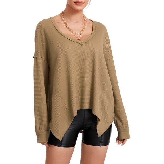 Liacowi Women Long Sleeve T-Shirts Solid Color Dropped Shoulders V-Neck Waffle Shirts Spring Fall Loose Fit Tops Streetwear