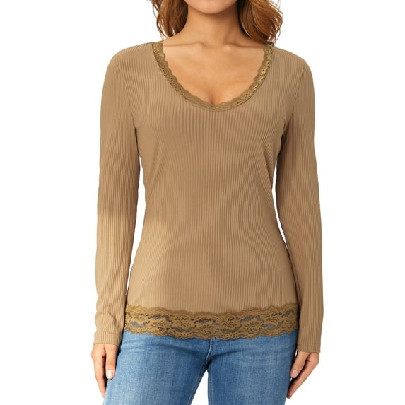 Liacowi Women Long Sleeve T-shirt Lace Patchwork Scoop Neck Pullover Casual Tops Slim Fit