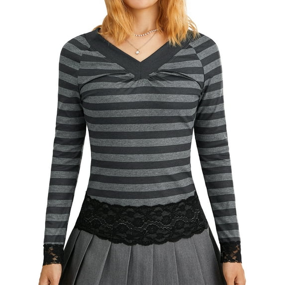 Liacowi Women Long Sleeve T-shirt Striped Print V-neck Pullover Casual Tops Slim Fit Lace Patchwork Tops