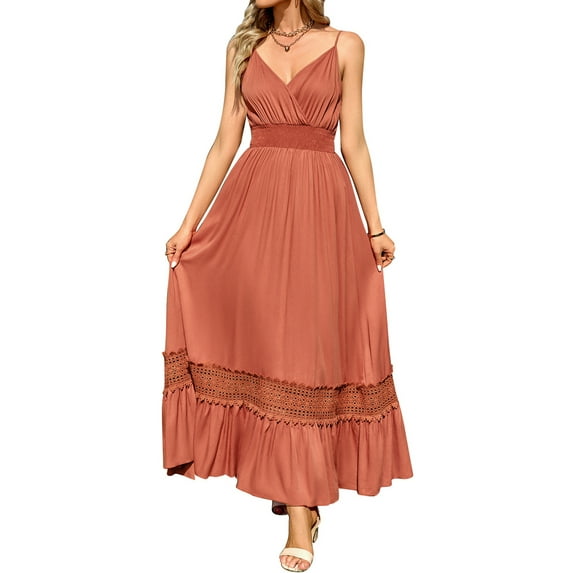Liacowi Women Loose Dress V Neck Sleeveless Casual A-Line Dresses Lace Long Dress Flowy Sundress