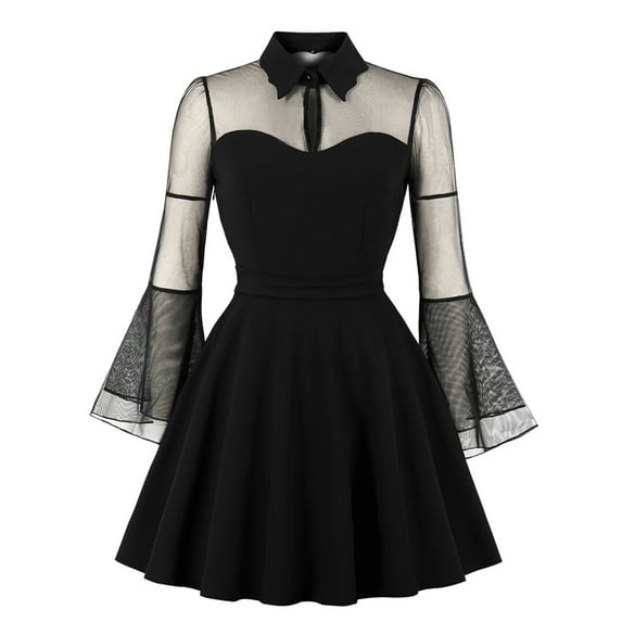 Liacowi Women Midi Dress Long Flare Sleeve Flower Embroidery Mesh See-Through A-line Dress Swing Pleated Cocktail Dresses Fall Casual Party Dress