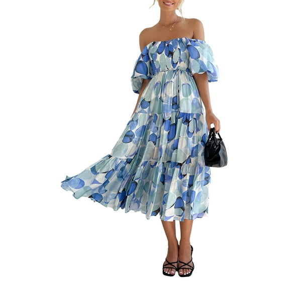Liacowi Women Midi Dress Short Sleeve Off-shoulder Boho Flower Print Loose Swing Dress Summer Dress
