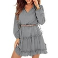 thumbnail image 1 of Liacowi Women Mini Dress Long Sleeve V Neck Lacing Pleated Dress for Casual Daily, 1 of 9