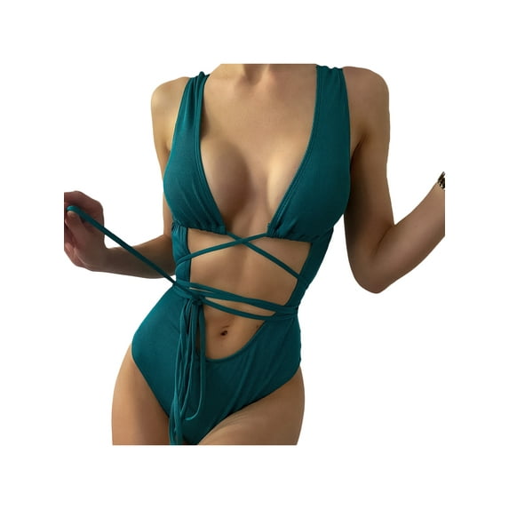 Liacowi Women One-Piece Swimsuit Deep V-Neck Solid Color Sleeveless Swimwear Summer Padded Bathing Suit Beachwear