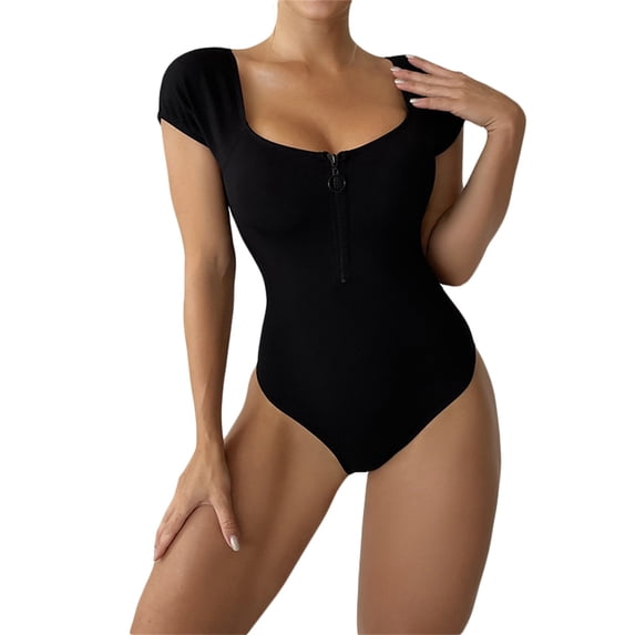 Liacowi Women One-Piece Swimsuit Long Short Zipper Padded Bikini Bodysuit Beachwear Bathing Suits