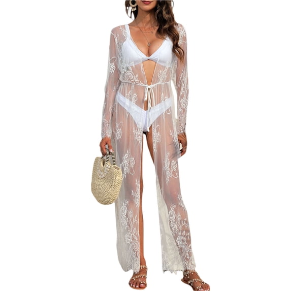 Liacowi Women Open Front Cover-ups Beachwear Long Sleeve Lace See Through Long Kimono Cardigan
