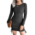 thumbnail image 1 of Liacowi Women Rib Knitted Drawstring Bodycon Mini Dress Fall Casual Slim Fit Long Sleeve Crew Neck Pleated Dress, 1 of 5