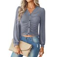 thumbnail image 1 of Liacowi Women Ruched Crop Top Solid Color Long Sleeve V-Neck Blouse Button Down Slim Tops Casual Tees Shirts for Junirs, 1 of 9