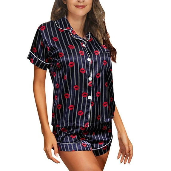 Liacowi Women Satin Pajamas Set Short Sleeve Button Tops Print Shirts Shorts Sleepwear Outfits 2 Pieces Homewear