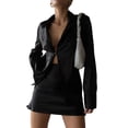 thumbnail image 1 of Liacowi Women Satin Skirt Sets Long Sleeve Deep V Neck Button Down Shirt Split Hem Mini Skirt Suit 2 Piece Outfits, 1 of 7