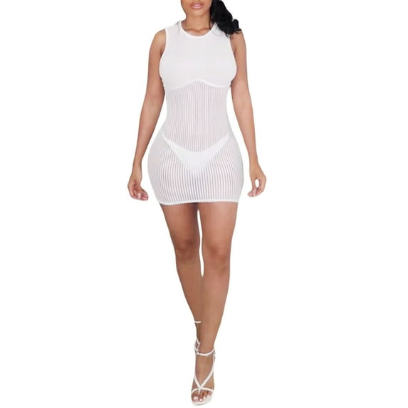 Liacowi Women See Through Mesh Patchwork Dress Sleeveless Bodycon Mini Dress Clubwear