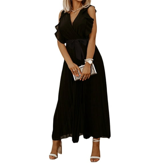 Liacowi Women Sexy Chiffon Maxi Dress Sleeveless Pleated Deep V Neck Belt Flowy Long Dress Summer Party Ruffle Streetwer