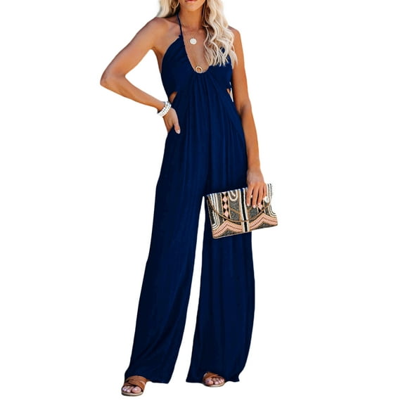 Liacowi Women Sexy Halter Jumpsuit Backless Wide Leg Romper Tie-Up Solid Color Loose Casual One Piece Jumper