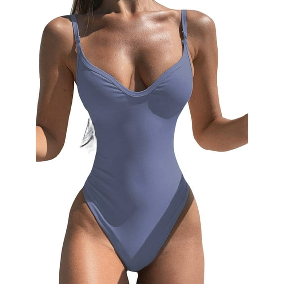 Liacowi Women Sexy One-Piece Swimsuit Solid Color Sleeveless V-Neck Swimwear Strap Bathing Suit Beachwear