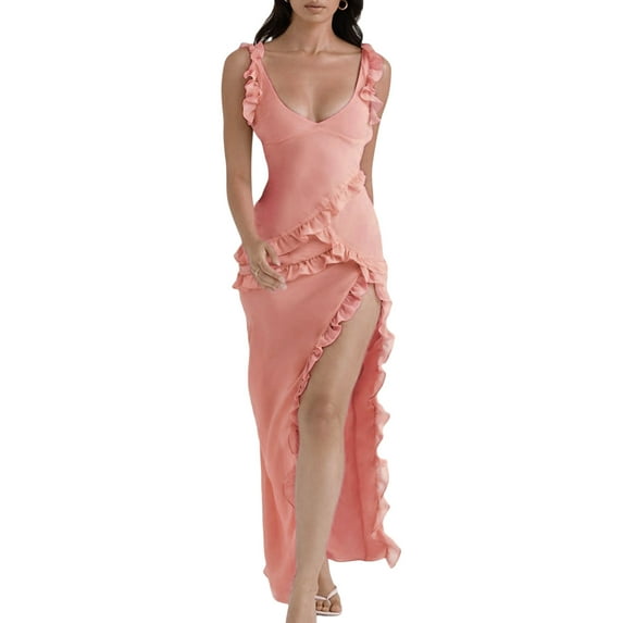Liacowi Women Sexy Ruffles Strapless Dress Floral Tassels Split Sheer Long Dress Mesh Ruched Bodycon Tube Dresses