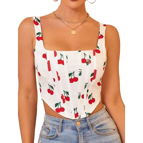 Liacowi Women Sexy Spaghetti Strap Bustiers Crop Top Floral Print Retro Tank Tops Vintage Vests Streetwear Clubwear