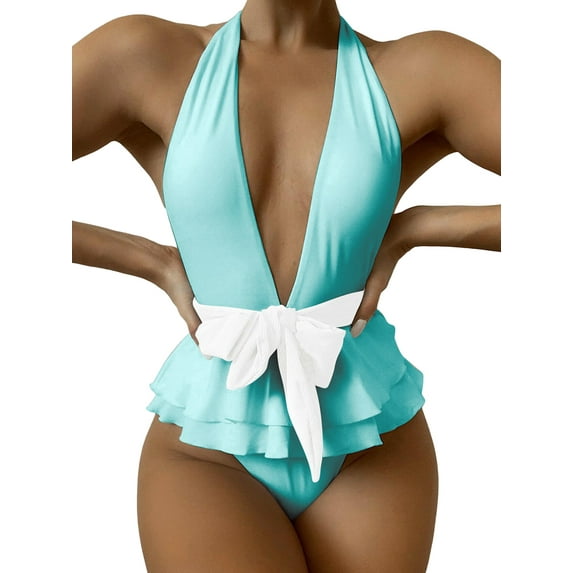 Liacowi Women Sexy Swimwear and Waistband, Solid Color Plunging Neckline Sleeveless Padded Bathing Suit, Purple/ Black/ White/ Green